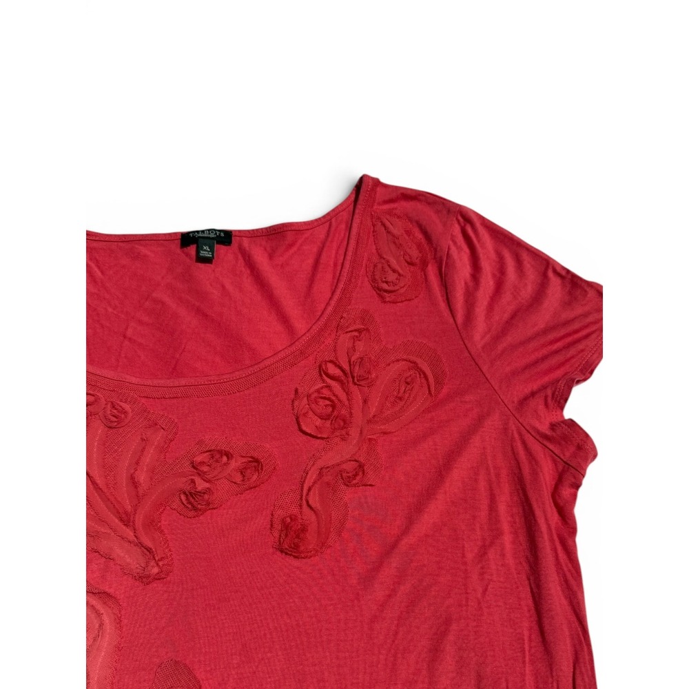 Talbots Womens XL Coral Red Floral Applique Tee Short Sleeve Botanical Top - Picture 4 of 8